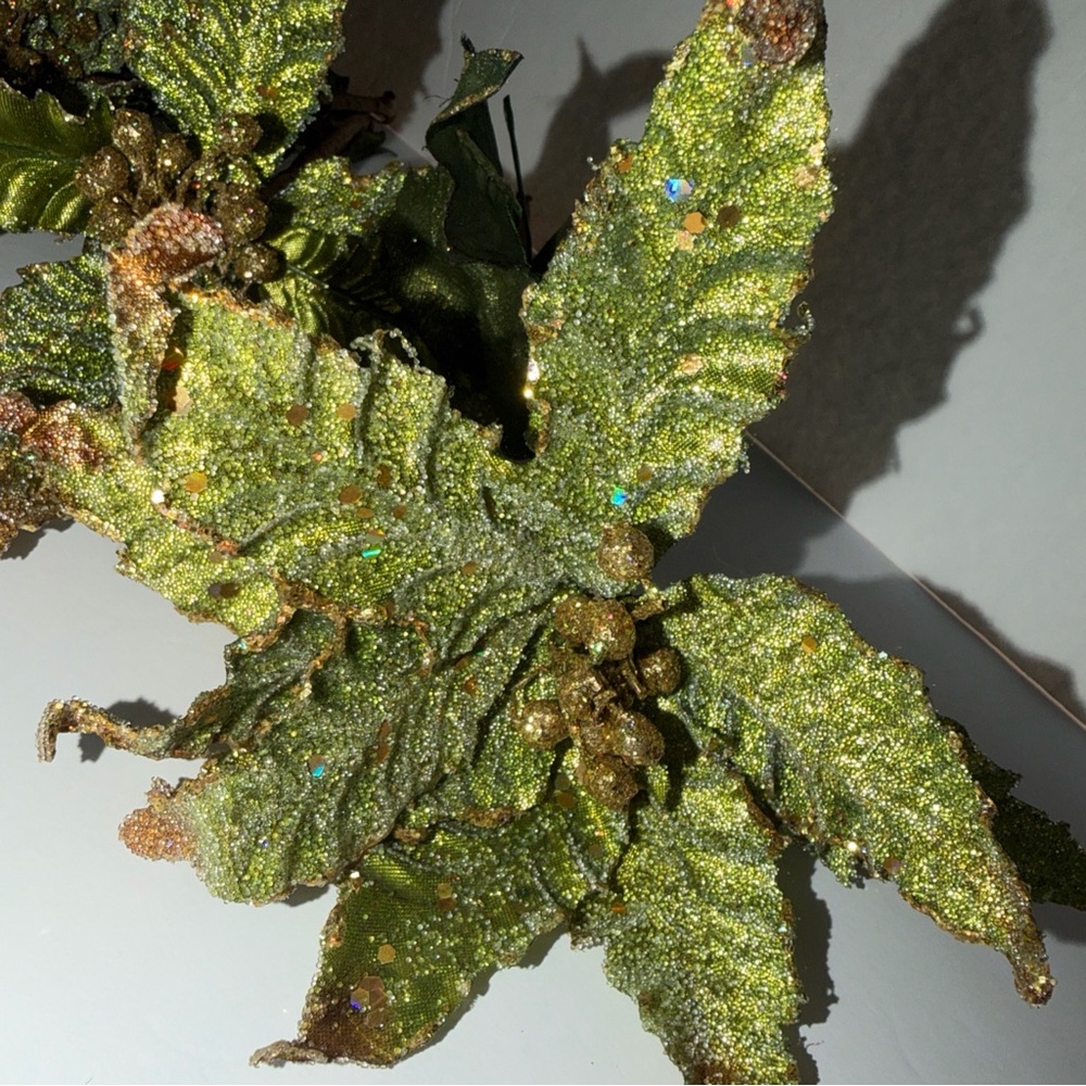Spray Pick Green METALLIC GLITTER POINSETTIA Christmas LUXURY & GLAM Lot Of 3 - Picture 2 of 7